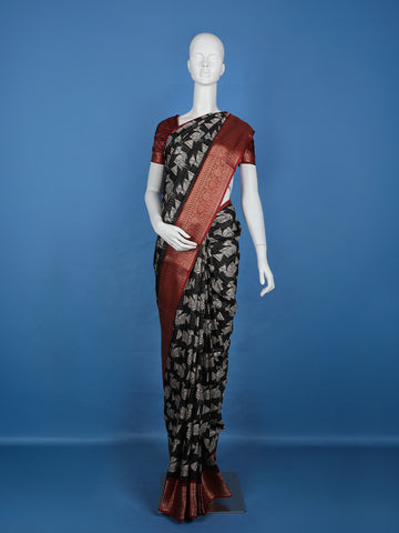 Black Bird Design Tussar Silk Saree - Diadem