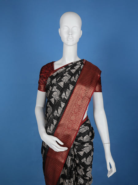 Black Bird Design Tussar Silk Saree - Diadem