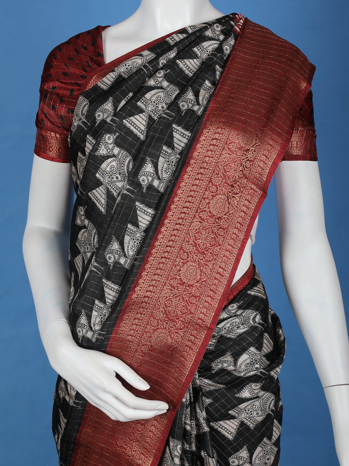 Black Bird Design Tussar Silk Saree - Diadem