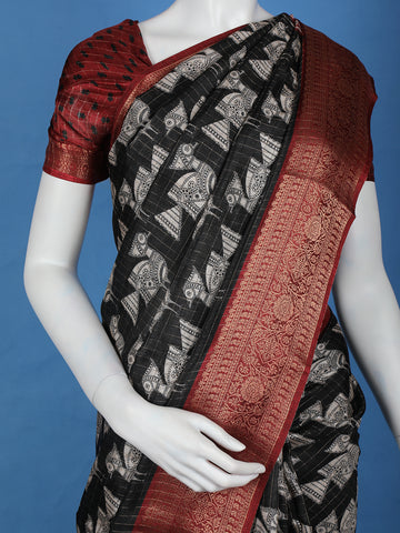 Black Bird Design Tussar Silk Saree - Diadem
