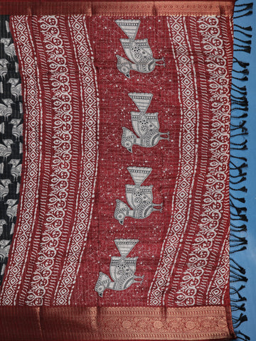 Black Bird Design Tussar Silk Saree - Diadem