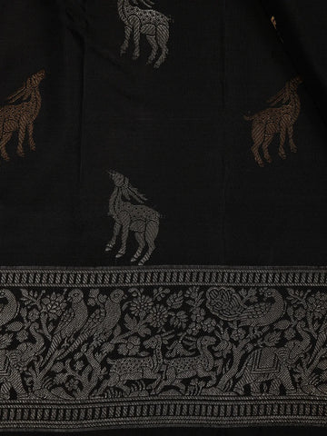 Black Deer Motif Woven Pure Kanchipuram Silk Saree - Diadem