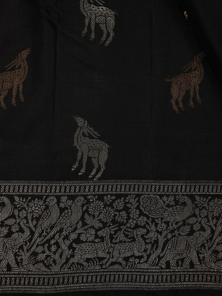 Black Deer Motif Woven Pure Kanchipuram Silk Saree - Diadem