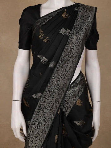 Black Deer Motif Woven Pure Kanchipuram Silk Saree - Diadem