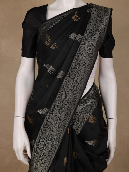 Black Deer Motif Woven Pure Kanchipuram Silk Saree - Diadem