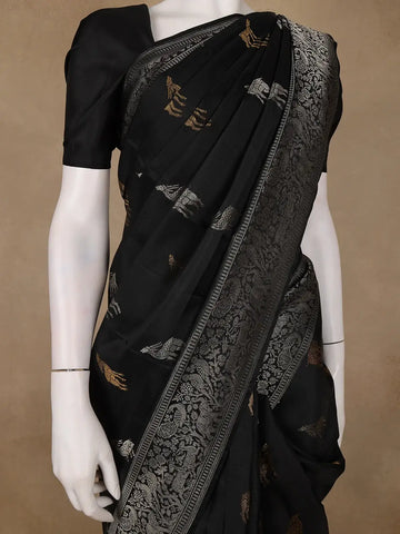 Black Deer Motif Woven Pure Kanchipuram Silk Saree - Diadem