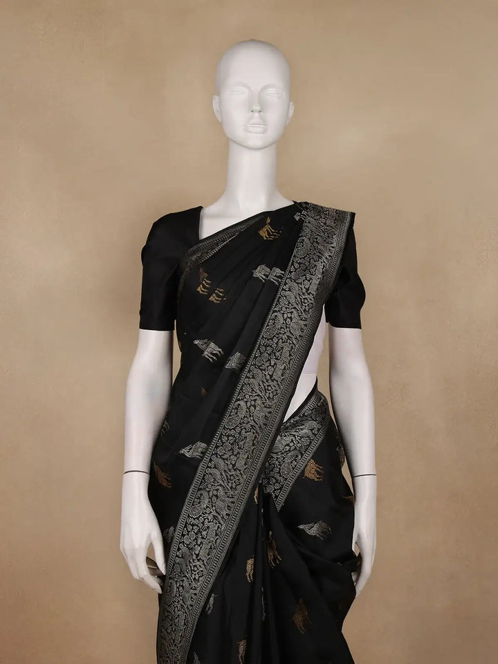 Black Deer Motif Woven Pure Kanchipuram Silk Saree - Diadem