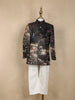 Black Digital Printed Designer Kids Polyester Sherwani Set with White Pants