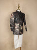 Black Digital Printed Designer Kids Polyester Sherwani Set with White Pants