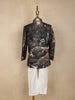 Black Digital Printed Designer Kids Polyester Sherwani Set with White Pants