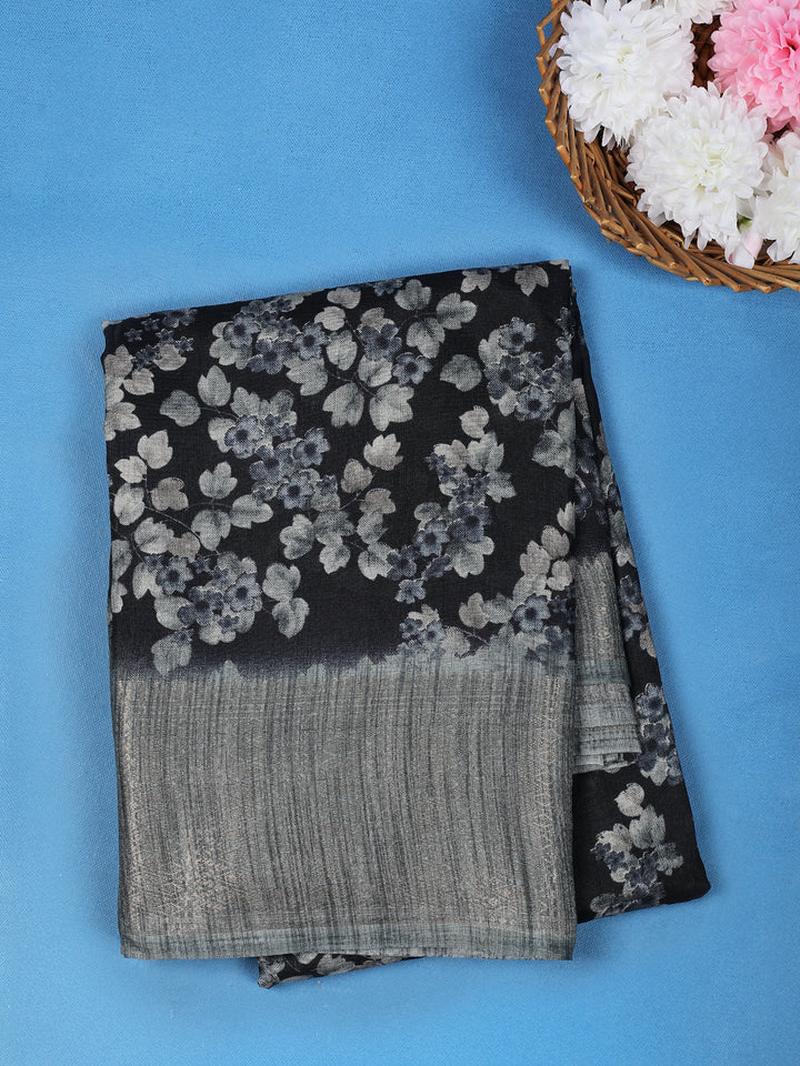 Black Floral Design Raw Silk Saree - Diadem