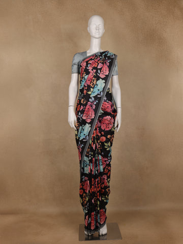 Black Floral Design Satin Saree - Diadem