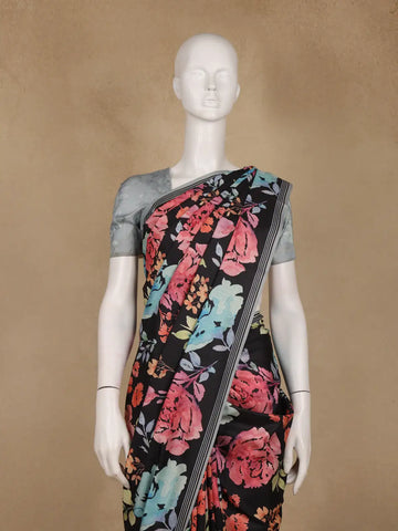 Black Floral Design Satin Saree - Diadem