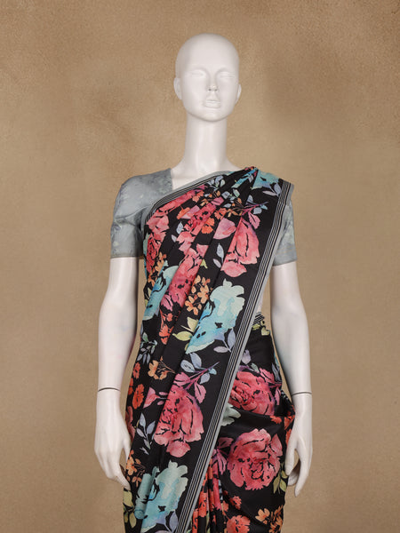 Black Floral Design Satin Saree - Diadem