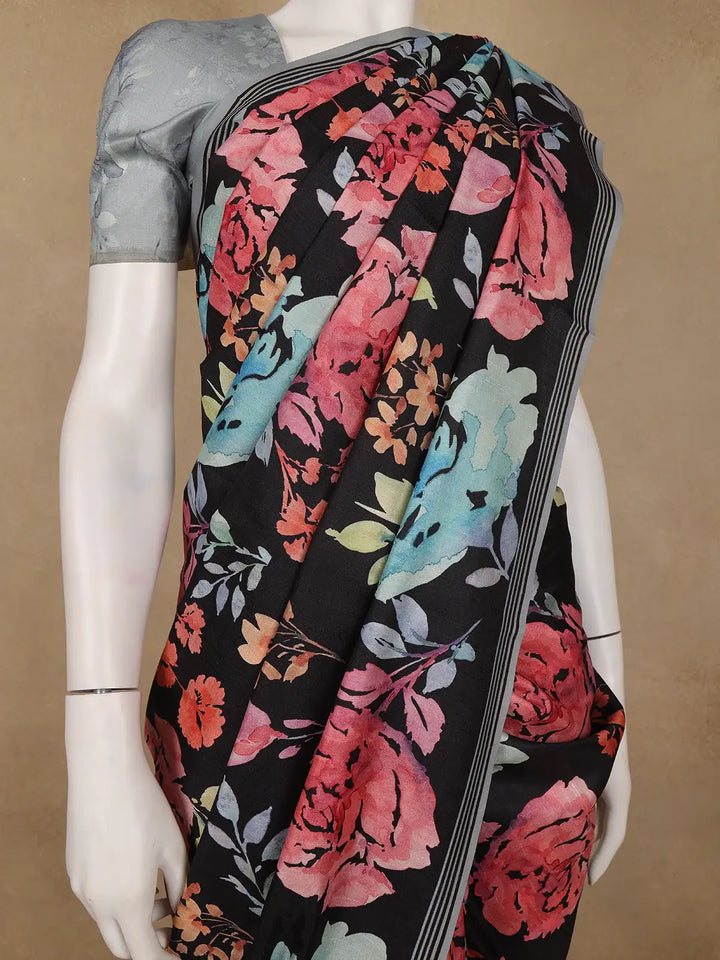 Black Floral Design Satin Saree - Diadem