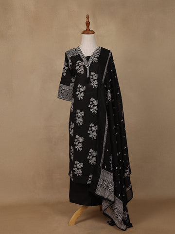 Black Floral Designed Cotton Salwar Suit - Diadem
