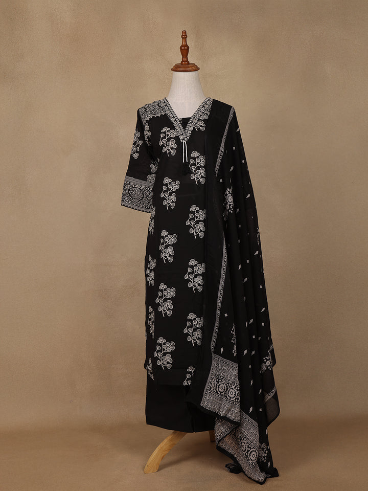 Black Floral Designed Cotton Salwar Suit - Diadem
