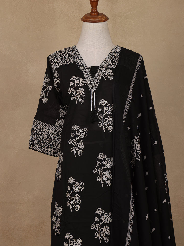 Black Floral Designed Cotton Salwar Suit - Diadem