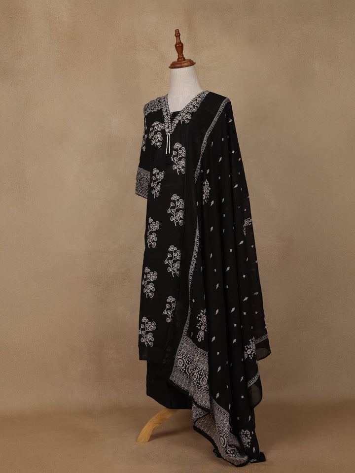 Black Floral Designed Cotton Salwar Suit - Diadem