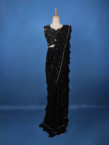 Black Floral Designed Ruffle Drape Georgette Ready To Wear Saree - Diadem