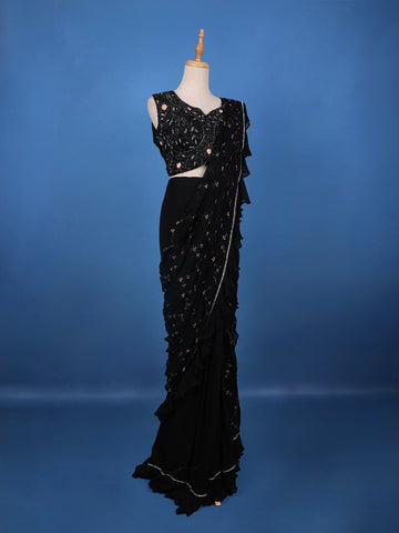 Black Floral Designed Ruffle Drape Georgette Ready To Wear Saree - Diadem