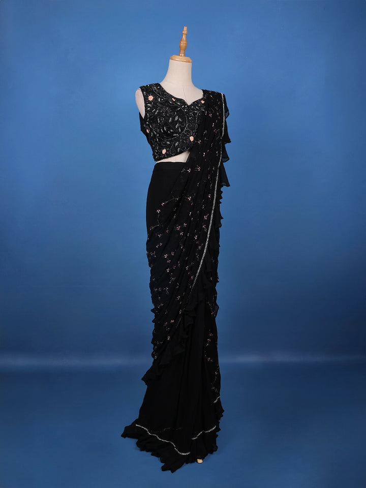 Black Floral Designed Ruffle Drape Georgette Ready To Wear Saree - Diadem