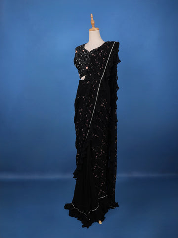 Black Floral Designed Ruffle Drape Georgette Ready To Wear Saree - Diadem