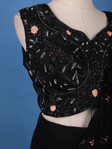 Black Floral Designed Ruffle Drape Georgette Ready To Wear Saree - Diadem