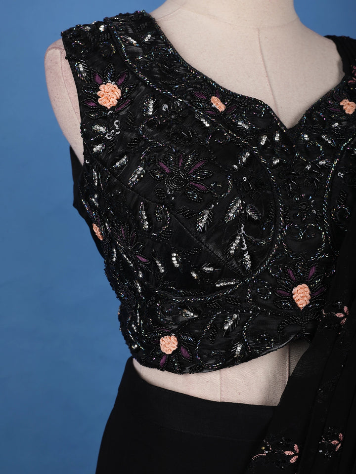 Black Floral Designed Ruffle Drape Georgette Ready To Wear Saree - Diadem