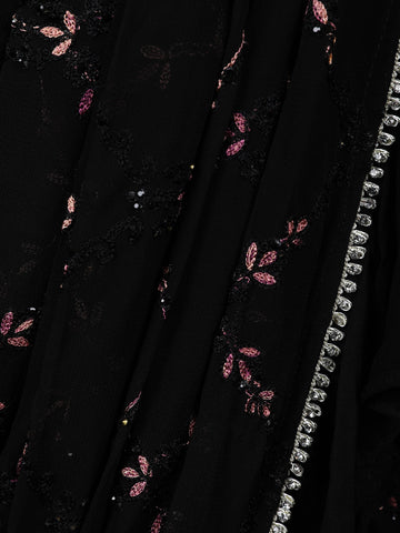 Black Floral Designed Ruffle Drape Georgette Ready To Wear Saree - Diadem