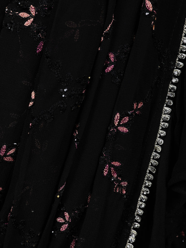 Black Floral Designed Ruffle Drape Georgette Ready To Wear Saree - Diadem