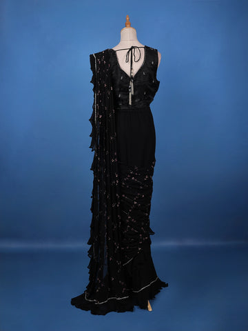 Black Floral Designed Ruffle Drape Georgette Ready To Wear Saree - Diadem