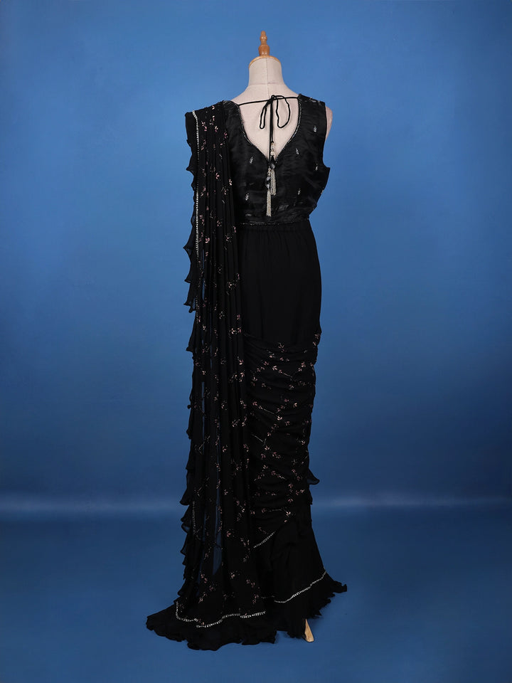 Black Floral Designed Ruffle Drape Georgette Ready To Wear Saree - Diadem