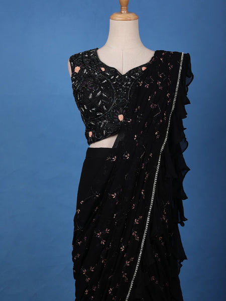Black Floral Designed Ruffle Drape Georgette Ready To Wear Saree - Diadem