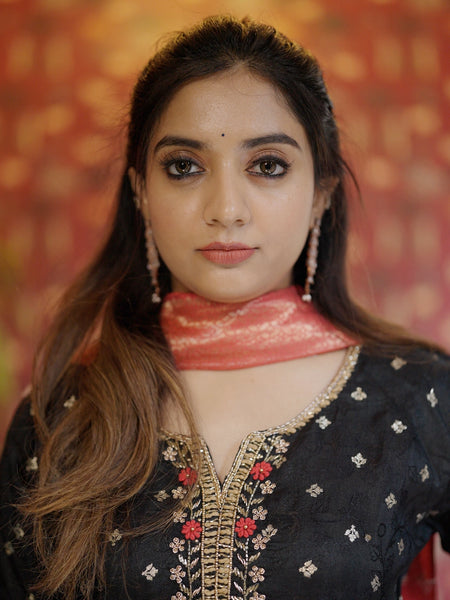 Black Floral Designed Silk Salwar Suit - Diadem