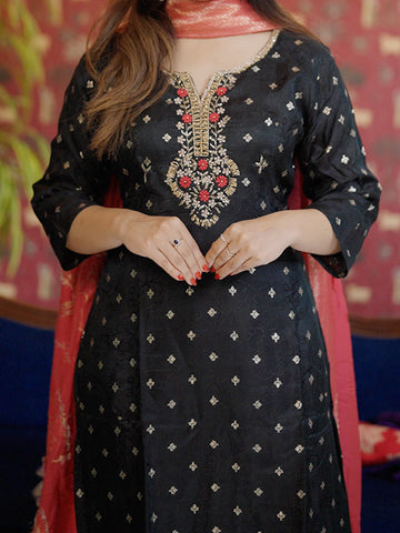 Black Floral Designed Silk Salwar Suit - Diadem