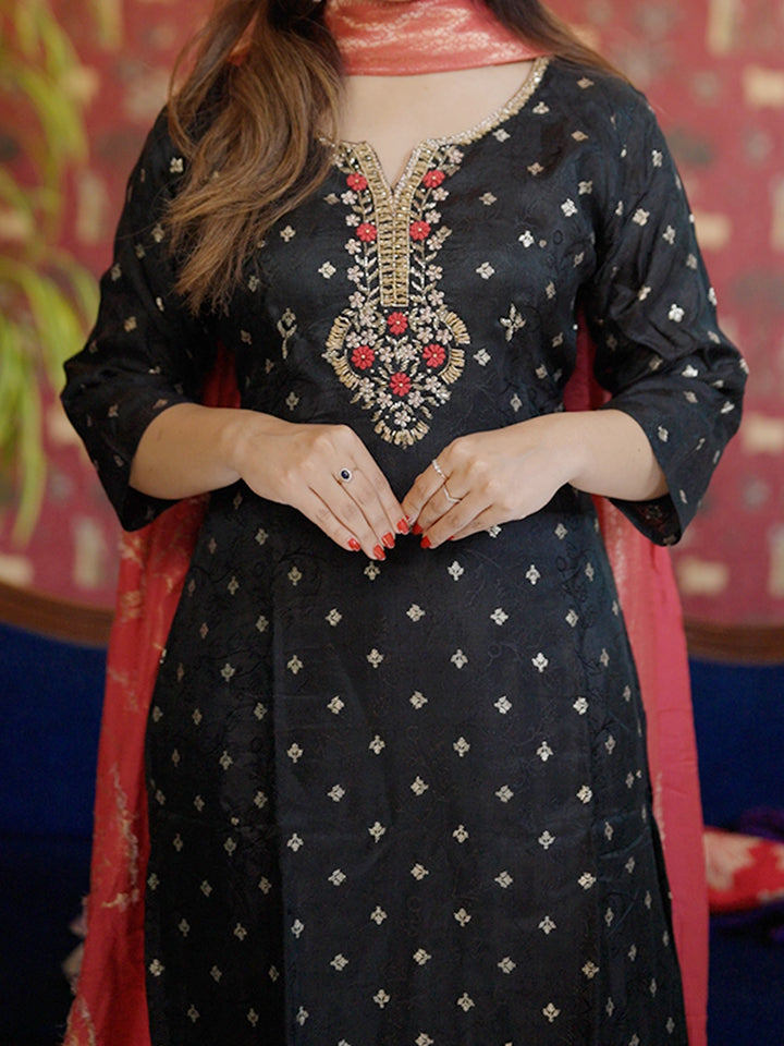Black Floral Designed Silk Salwar Suit - Diadem