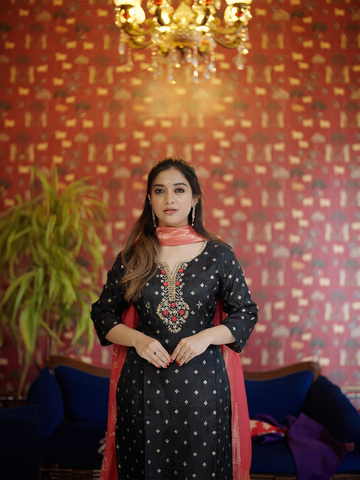 Black Floral Designed Silk Salwar Suit - Diadem