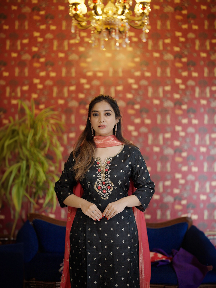 Black Floral Designed Silk Salwar Suit - Diadem