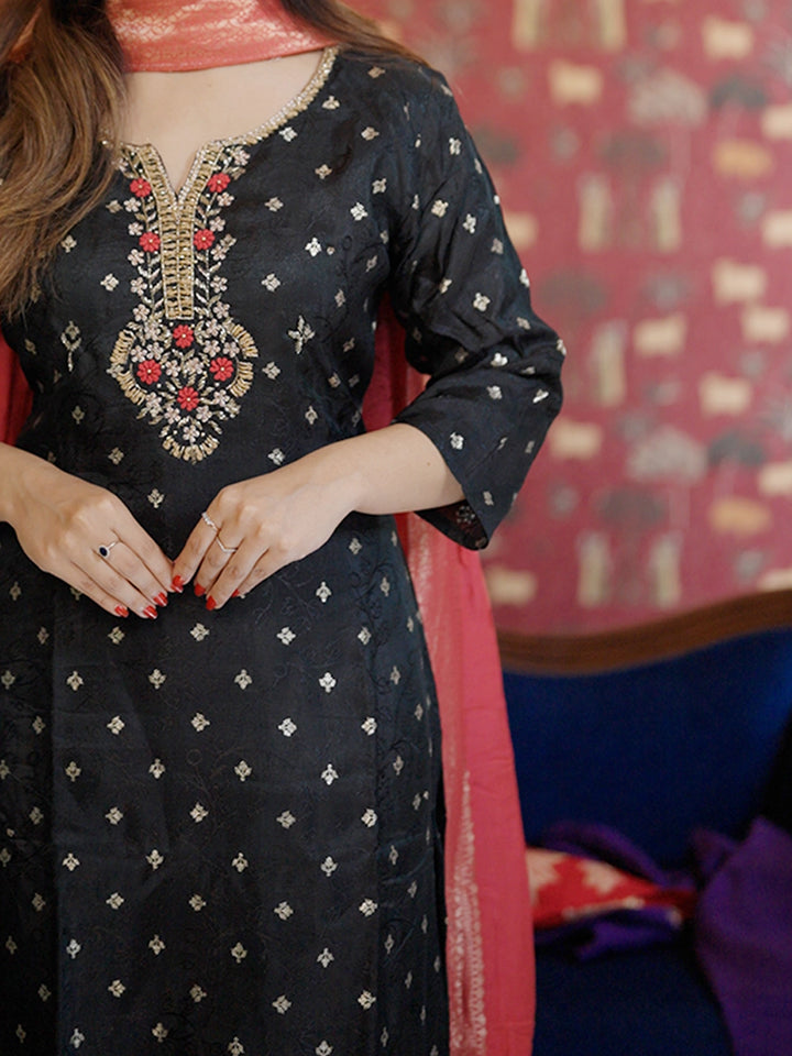 Black Floral Designed Silk Salwar Suit - Diadem