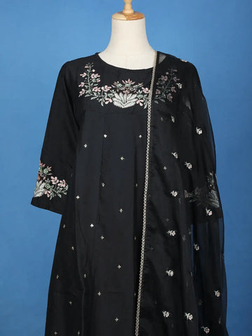 Black Floral Embroidered Cotton Sharara Salwar Suit - Diadem