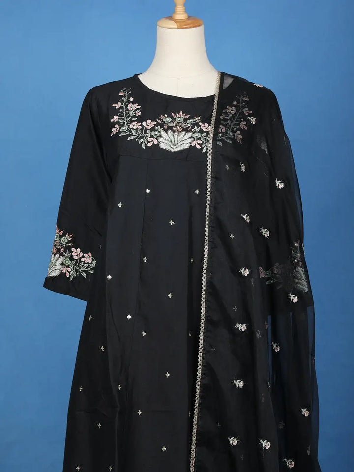 Black Floral Embroidered Cotton Sharara Salwar Suit - Diadem