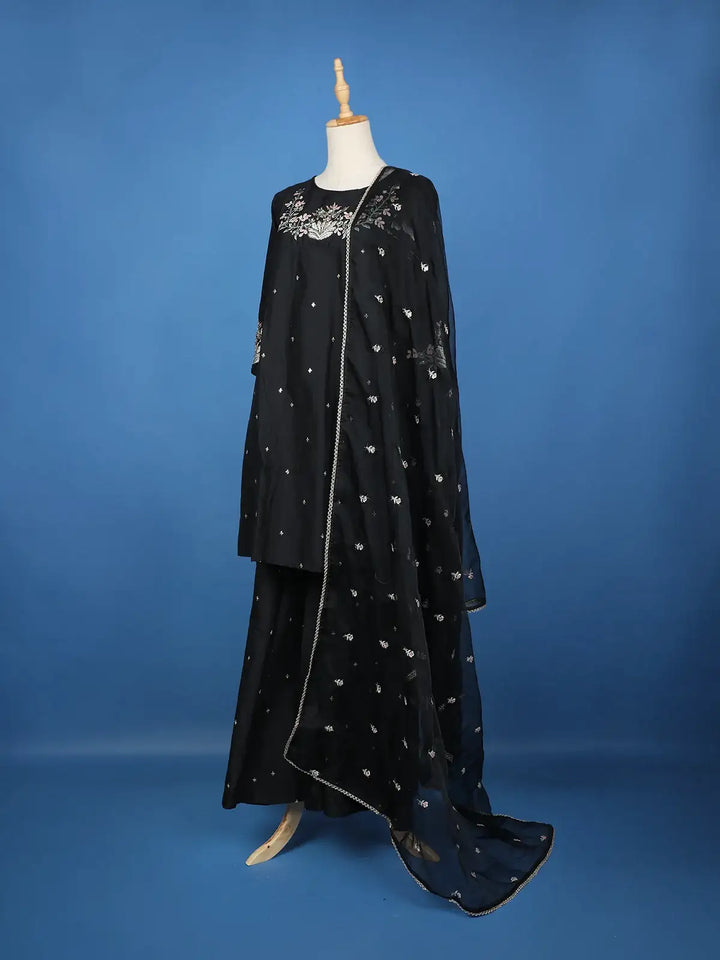 Black Floral Embroidered Cotton Sharara Salwar Suit - Diadem