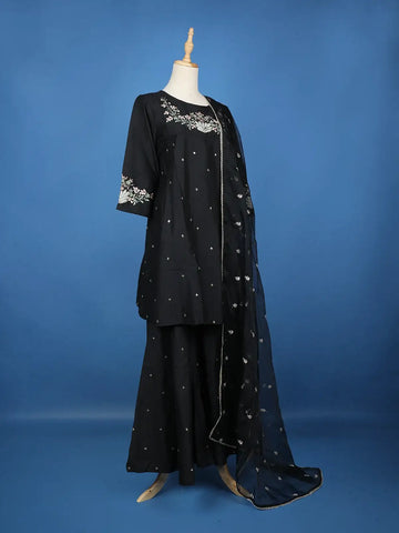 Black Floral Embroidered Cotton Sharara Salwar Suit - Diadem
