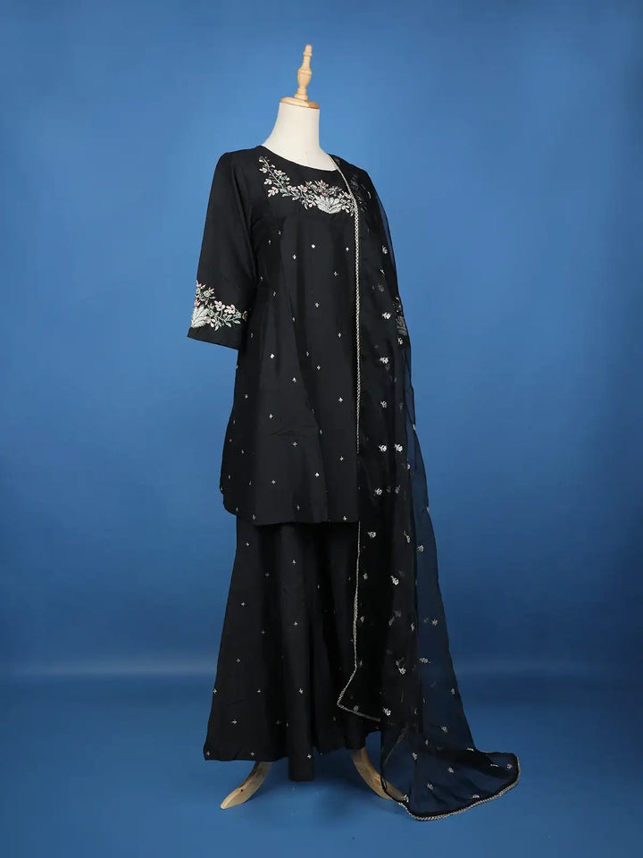 Black Floral Embroidered Cotton Sharara Salwar Suit - Diadem