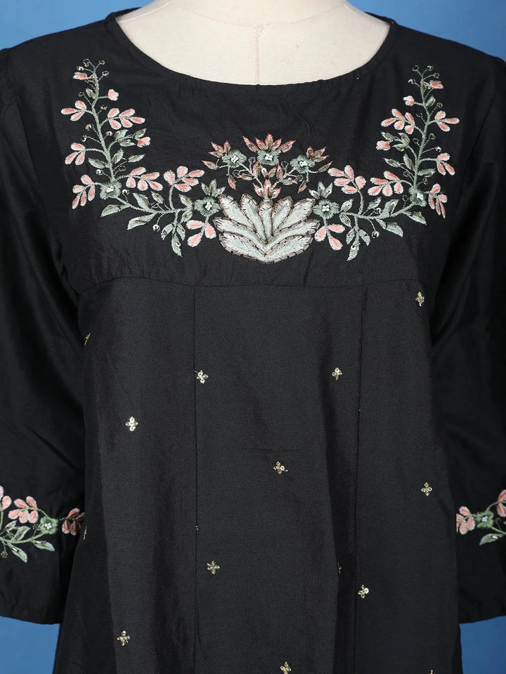 Black Floral Embroidered Cotton Sharara Salwar Suit - Diadem
