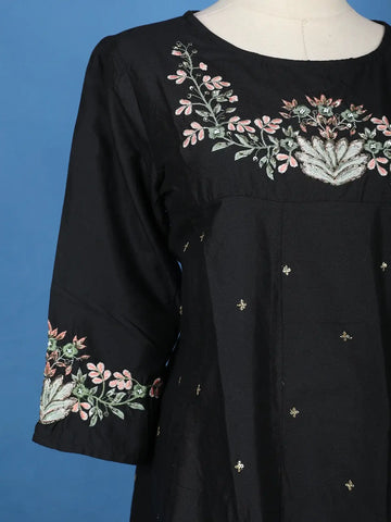 Black Floral Embroidered Cotton Sharara Salwar Suit - Diadem