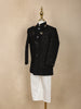Black Floral Embroidered Kids Polyester Sherwani Set with White Pants