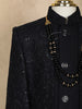 Black Floral Embroidered Polyester Kids Sherwani Set with White Pants