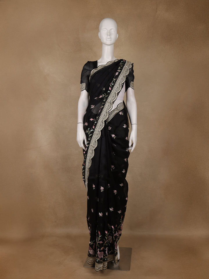 Black Floral Embroidery Organza Saree - Diadem